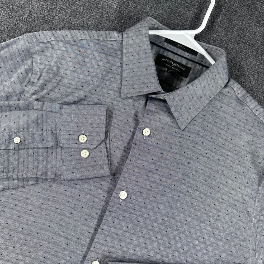 Banana Republic Dress Shirt Mens M Medium Gray Slim Fit Wrinkle Resistant Dot